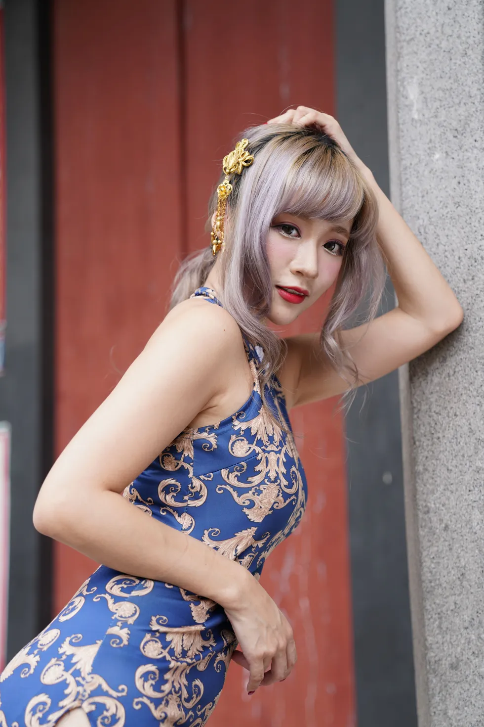 [Mzsock] NO.149 Xue Kaiyun blue flower short cheongsam with high heels and beautiful legs street photography#[105P]-59